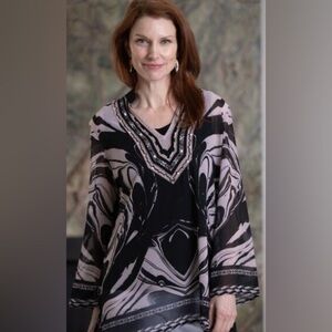 Minkas Women’s Tan Black Embellished Sheer Tunic Beaded Print Boho Coastal Sz M